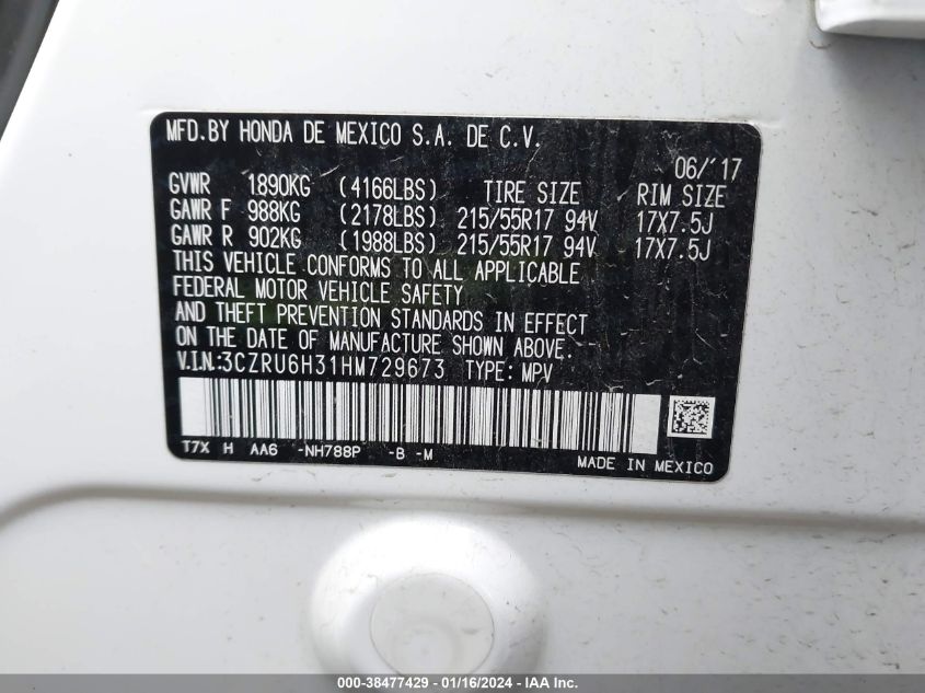 2017 HONDA HR-V LX - 3CZRU6H31HM729673