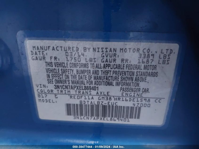 2014 NISSAN VERSA S/S PLUS/SV/SL - 3N1CN7APXEL869401