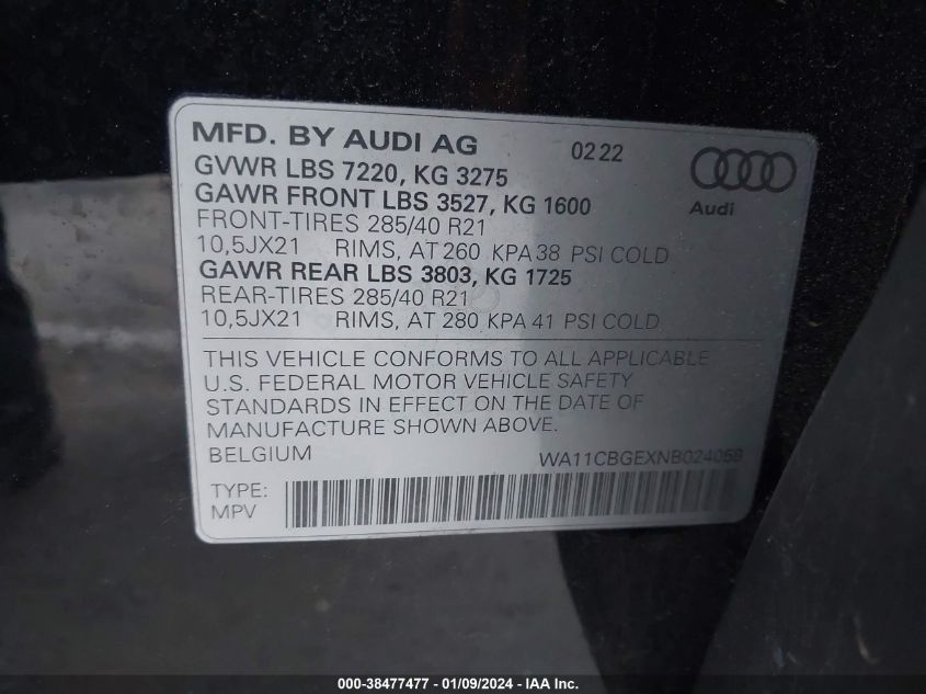 2022 AUDI E-TRON S SPORTBACK PREMIUM PLUS QUATTRO WA11CBGEXNB024059