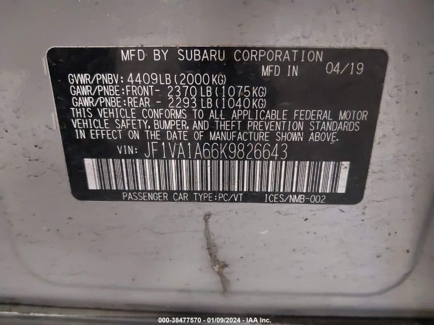 2019 SUBARU WRX - JF1VA1A66K9826643