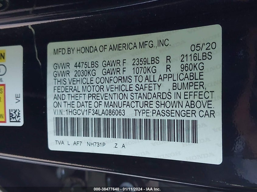 VIN 1HGCV1F34LA086063 2020 HONDA ACCORD SPORT