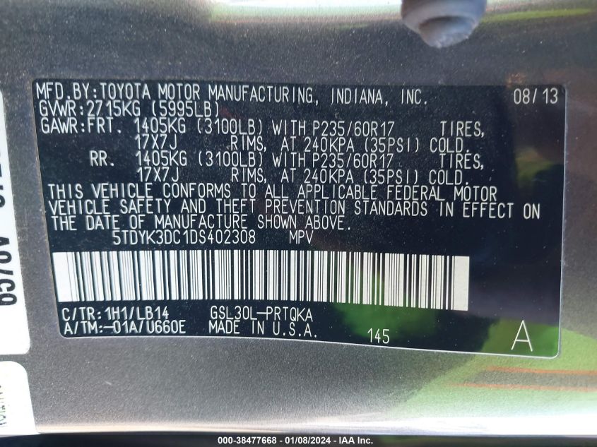 5TDYK3DC1DS402308 2013 TOYOTA SIENNA, photo no. 9