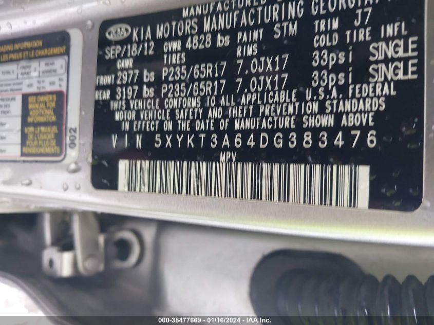 2013 KIA SORENTO LX - 5XYKT3A64DG383476