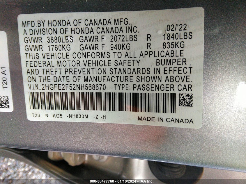 VIN 2HGFE2F52NH568670 2022 HONDA CIVIC SPORT