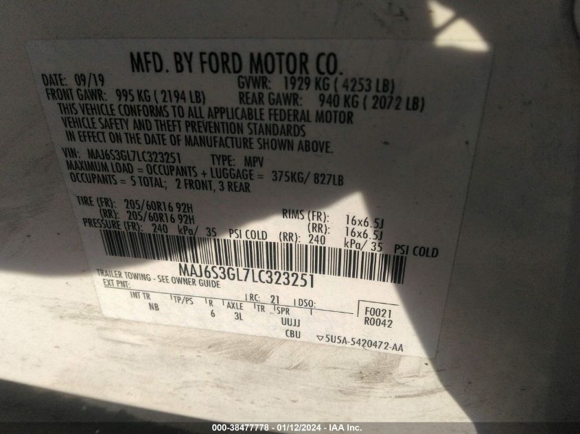 2020 FORD ECOSPORT SE - MAJ6S3GL7LC323251