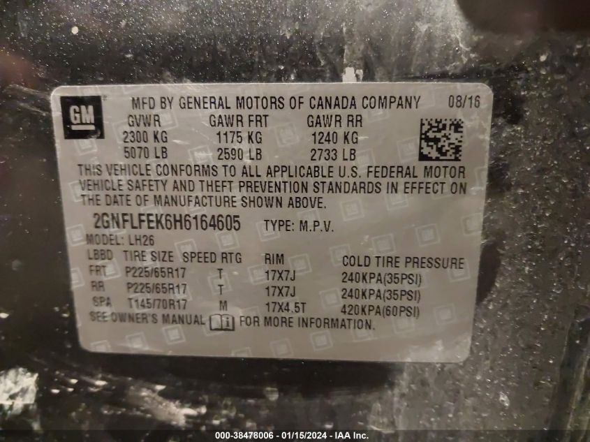 2017 CHEVROLET EQUINOX LT - 2GNFLFEK6H6164605
