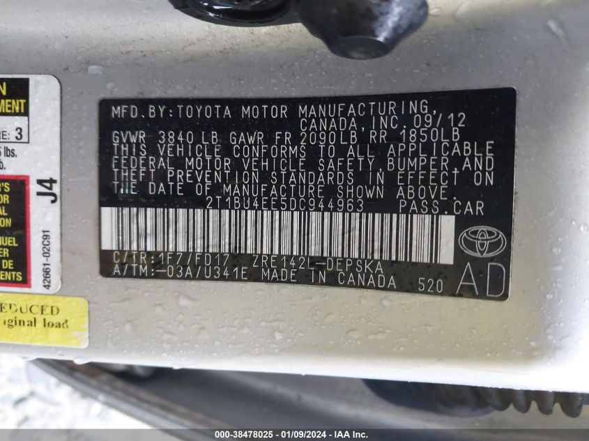 2013 TOYOTA COROLLA S/LE - 2T1BU4EE5DC944963