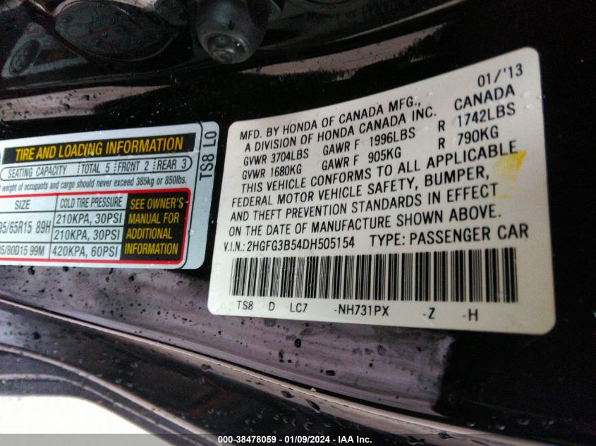 2013 HONDA CIVIC LX - 2HGFG3B54DH505154