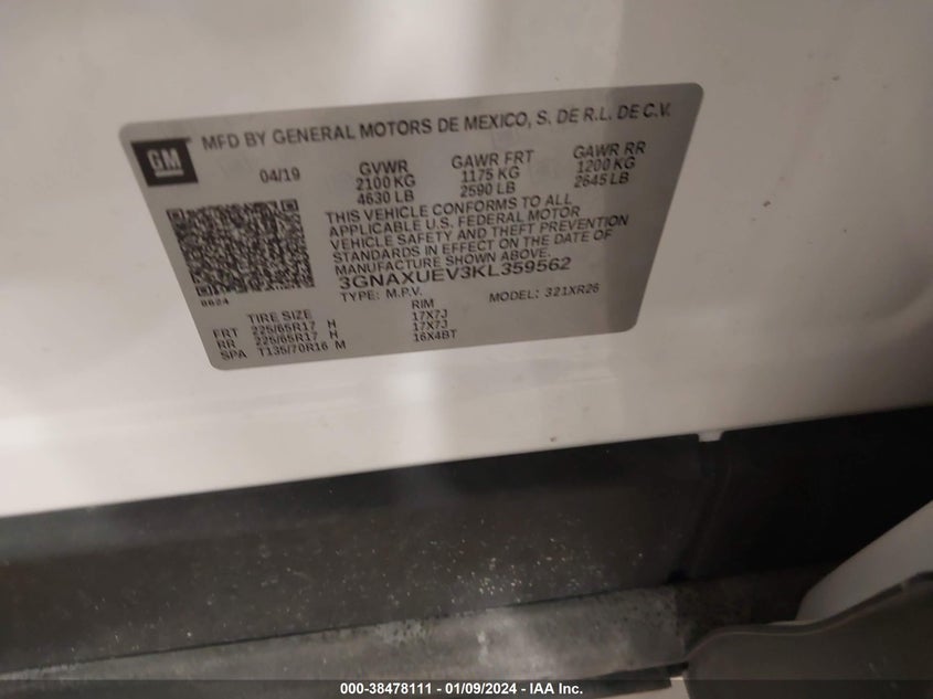 VIN 2GNAXUEV6K6235063 2019 CHEVROLET EQUINOX LT