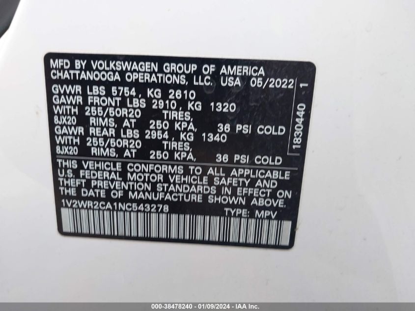 2022 VOLKSWAGEN ATLAS SE - 1V2WR2CA1NC543278