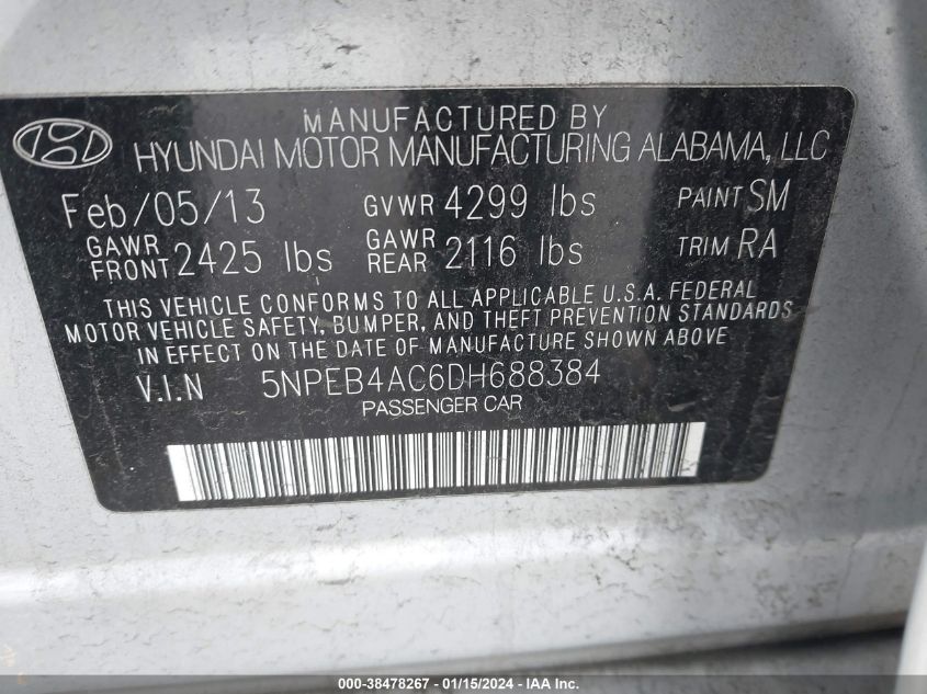 2013 HYUNDAI SONATA GLS - 5NPEB4AC6DH688384