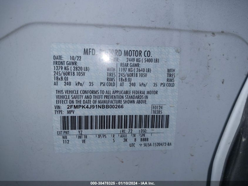 2FMPK4J91NBB00266 2022 FORD EDGE, photo no. 9