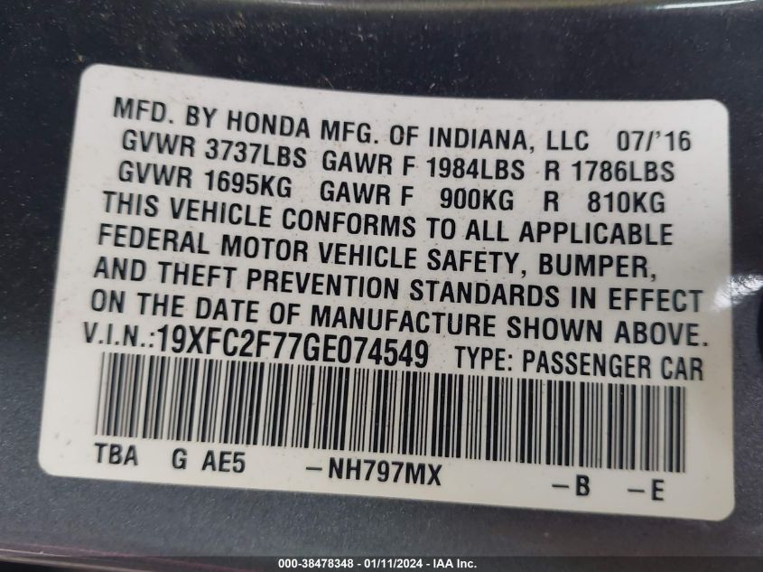 2016 HONDA CIVIC EX - 19XFC2F77GE074549