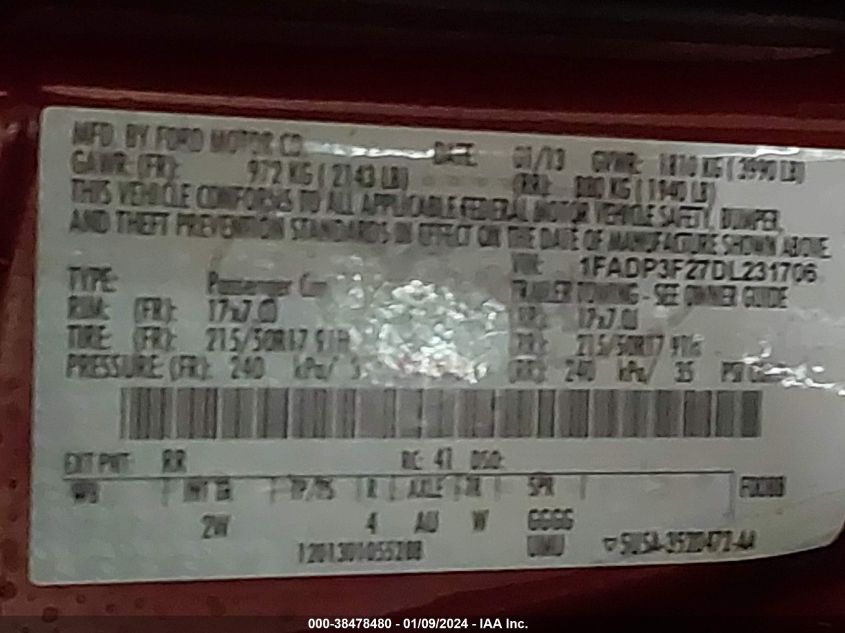 2013 FORD FOCUS SE - 1FADP3F27DL231706