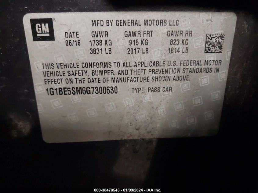2016 CHEVROLET CRUZE LT - 1G1BE5SM6G7300630