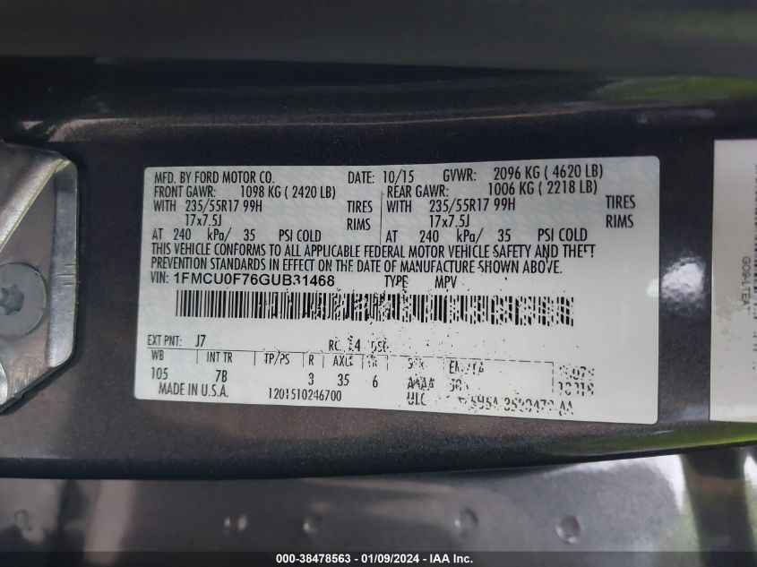 2016 FORD ESCAPE S - 1FMCU0F76GUB31468