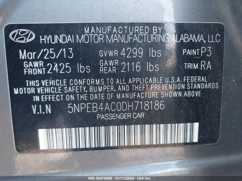 2013 HYUNDAI SONATA GLS - 5NPEB4AC0DH718186