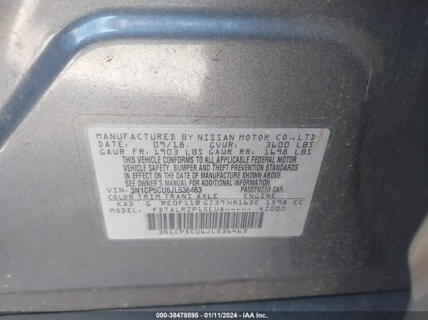 2018 NISSAN KICKS S/SR/SV - 3N1CP5CU6JL536463