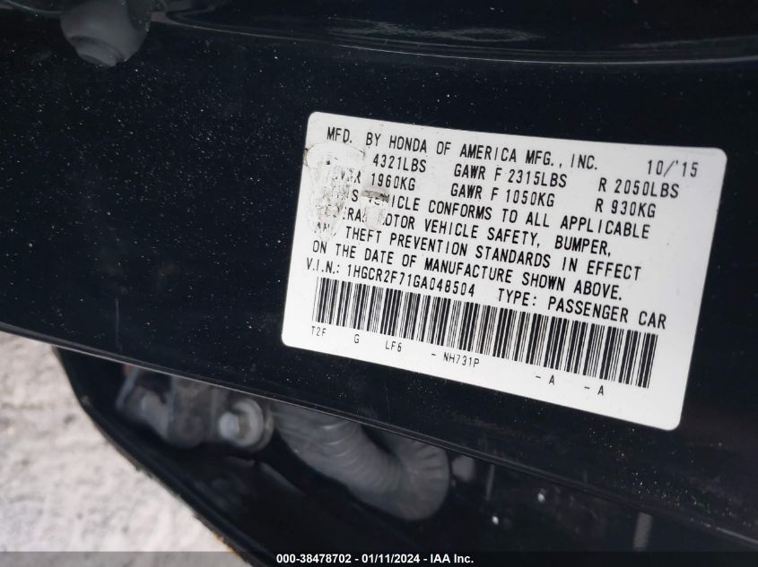2016 HONDA ACCORD EX - 1HGCR2F71GA048504
