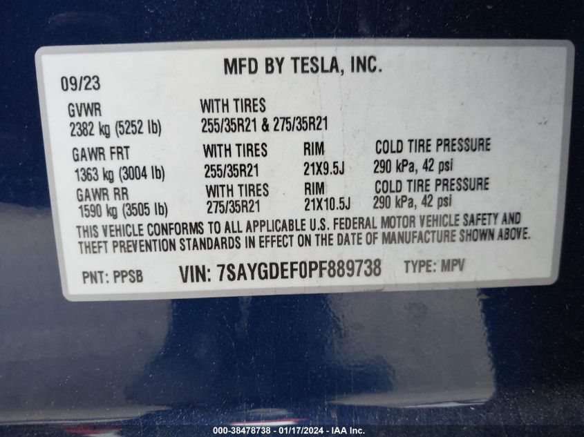 2023 TESLA MODEL Y AWD/PERFORMANCE DUAL MOTOR ALL-WHEEL DRIVE - 7SAYGDEF0PF889738