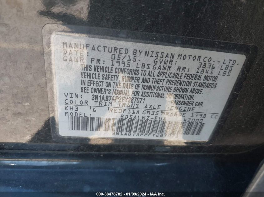 2015 NISSAN SENTRA S/SV/SR/SL - 3N1AB7AP2FY287071