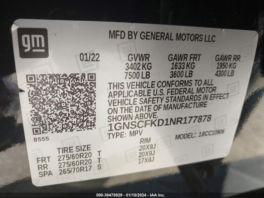 2022 CHEVROLET SUBURBAN C1500 PREMIER - 1GNSCFKD1NR177878