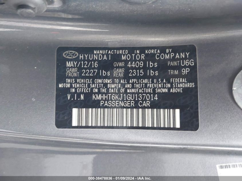 2016 HYUNDAI GENESIS 3.8L - KMHHT6KJ1GU137014