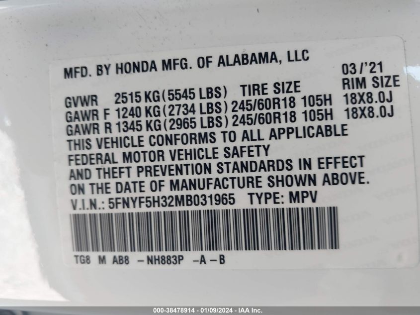 2021 HONDA PILOT EX - 5FNYF5H32MB031965