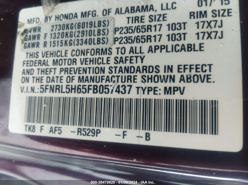 2015 HONDA ODYSSEY EXL - 5FNRL5H65FB057437
