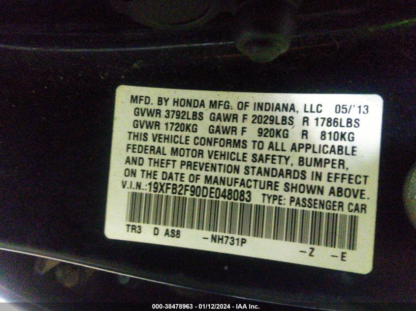 2013 HONDA CIVIC EX-L - 19XFB2F90DE048083