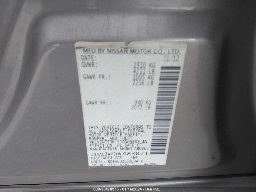 2013 NISSAN ALTIMA 2.5/S/SV/SL - 1N4AL3AP2DN483871