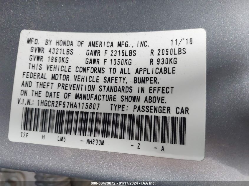 2017 HONDA ACCORD SPORT - 1HGCR2F57HA115607