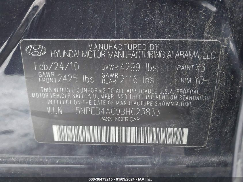 5NPEB4AC9BH023833 | 2011 HYUNDAI SONATA