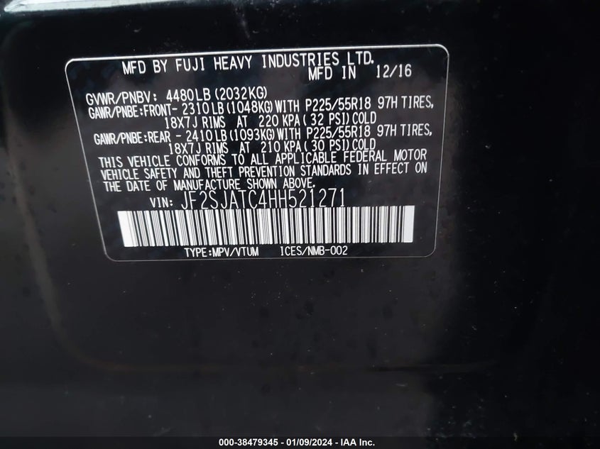 VIN JF2SJATC4HH521271 2017 SUBARU FORESTER 2.5I TOURING