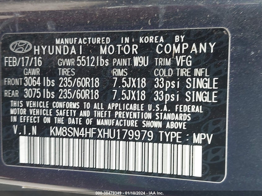 VIN KM8SN4HFXHU179979 2017 HYUNDAI SANTA FE SE/LIMITED