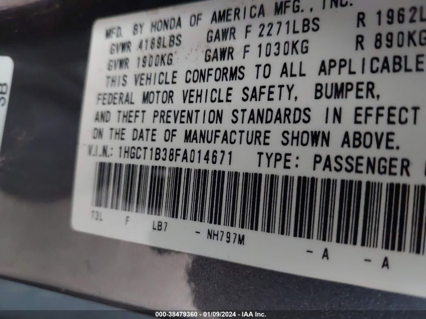 2015 HONDA ACCORD LX-S - 1HGCT1B38FA014671