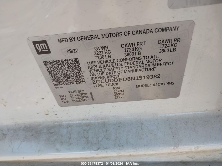 2022 CHEVROLET SILVERADO 1500 K1500 LT - 2GCUDDED8N1519382