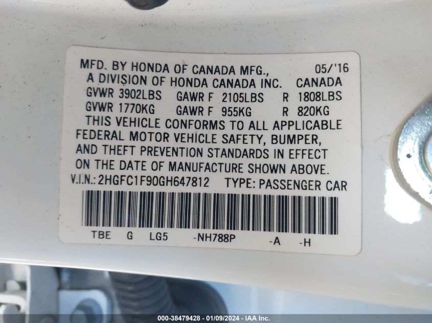 2016 HONDA CIVIC TOURING - 2HGFC1F90GH647812