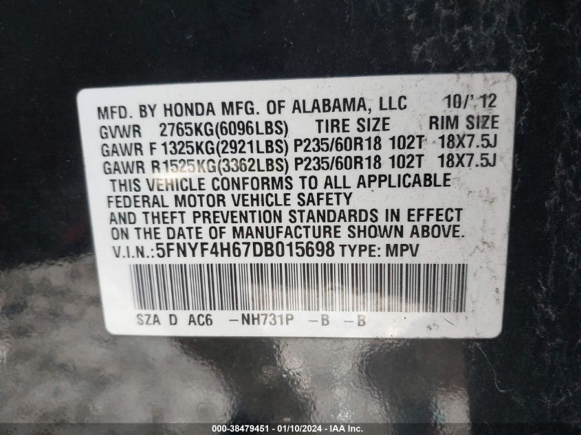 2013 HONDA PILOT EX-L - 5FNYF4H67DB015698