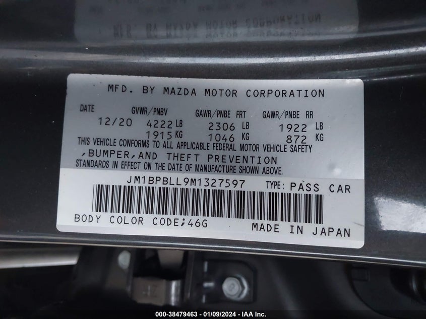 VIN JM1BPBLL9M1327597 2021 MAZDA MAZDA3 PREFERRED