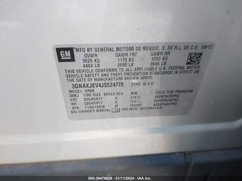 VIN 3GNAXJEV4JS524778 2018 CHEVROLET EQUINOX LT