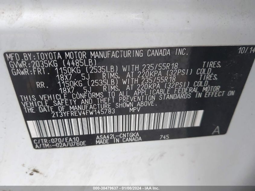 2015 TOYOTA RAV4 LIMITED - 2T3YFREV4FW145783