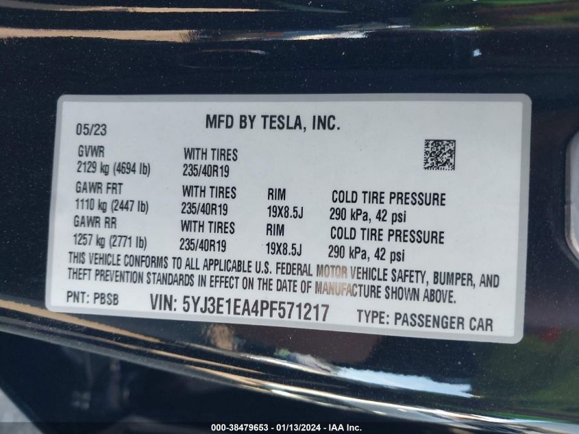 2023 TESLA MODEL 3 REAR-WHEEL DRIVE - 5YJ3E1EA4PF571217