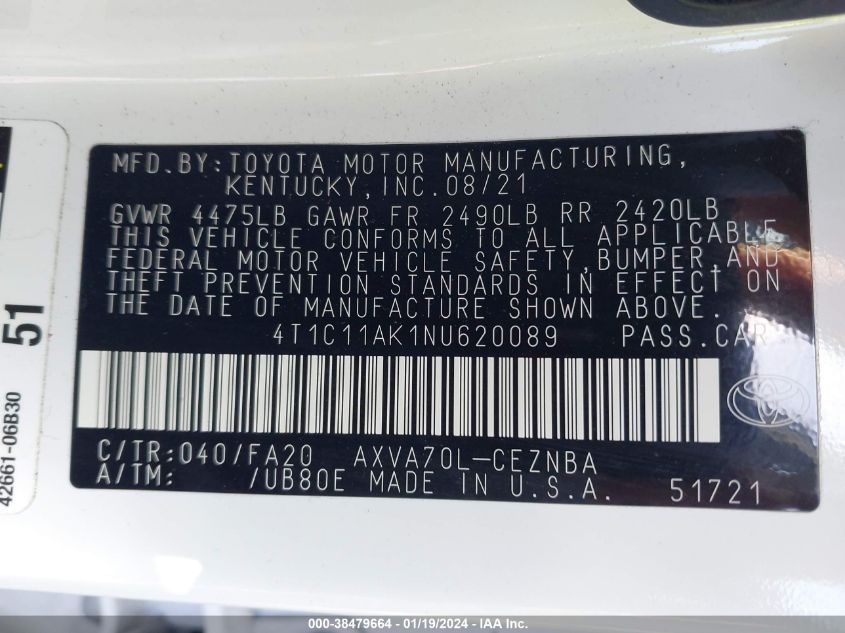 2022 TOYOTA CAMRY LE - 4T1C11AK1NU620089