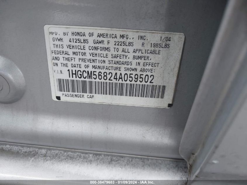 1HGCM56824A059502 | 2004 HONDA ACCORD SDN