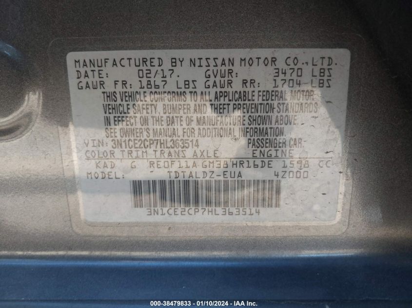 VIN 3N1CE2CP7HL363514 2017 NISSAN VERSA NOTE S/S PLUS/SV/SL/SR