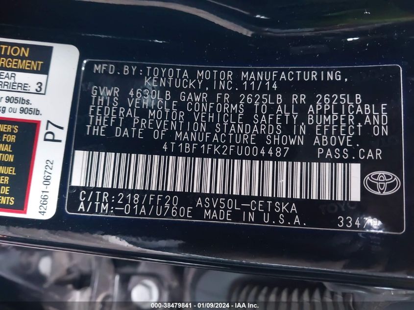 2015 TOYOTA CAMRY LE/XLE/SE/XSE - 4T1BF1FK2FU004487