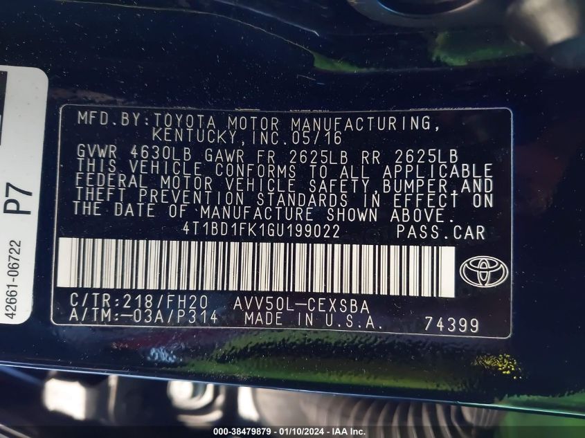 2016 TOYOTA CAMRY HYBRID SE 4T1BD1FK1GU199022