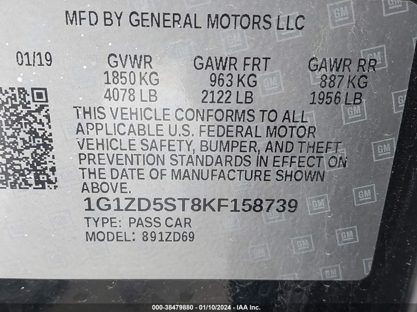 2019 CHEVROLET MALIBU LT - 1G1ZD5ST8KF158739