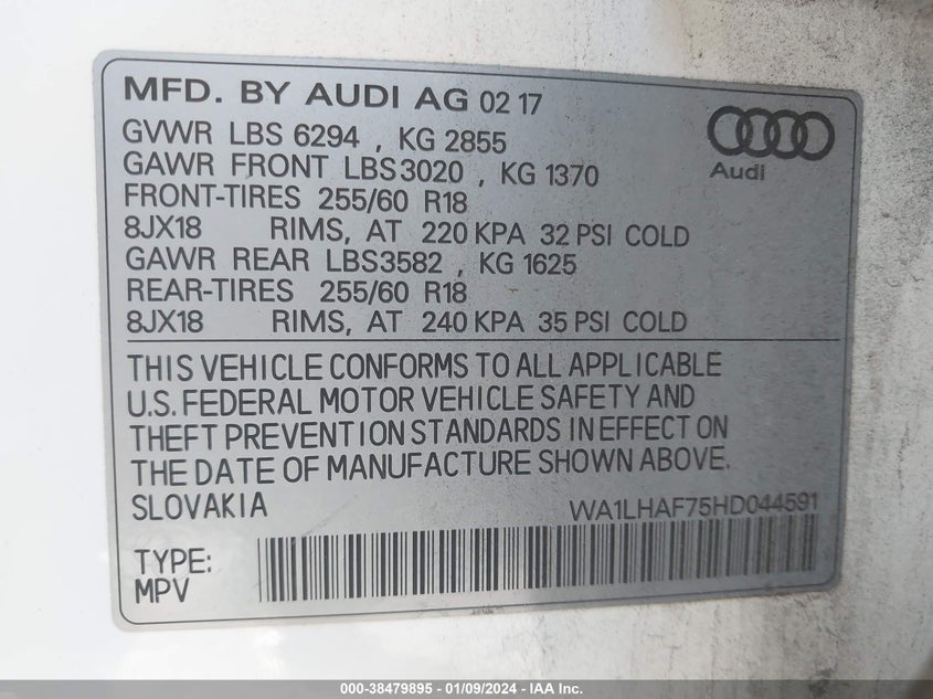 VIN WA1LHAF75HD044591 2017 AUDI Q7 PREMIUM PLUS